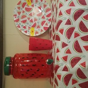 Watermelon Picnic dispenser, cups, plates and tablecloth.